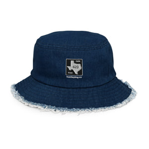 Texas Farm Road 420 Branded Distressed Denim Bucket Hat - Embroidered Black & White Thread