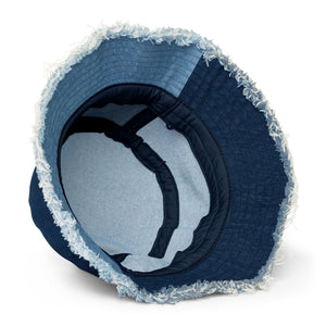Texas Farm Road 420 Branded Distressed Denim Bucket Hat - Embroidered Black & White Thread